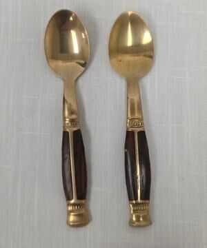 Vintage Thailand Brass & Wood Souvenir Teaspoons Set of 2 Thai Flatware